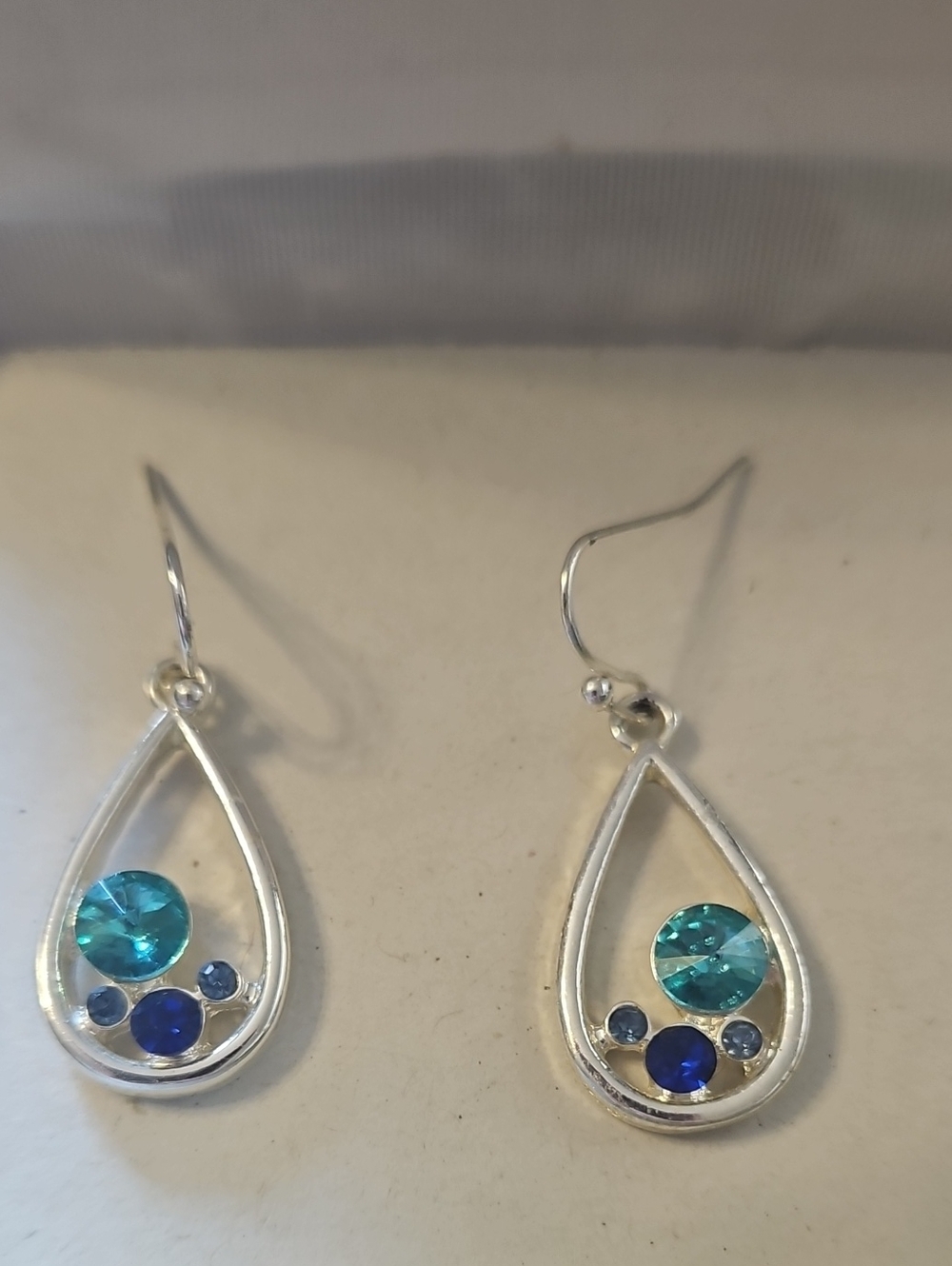 Silver Teardrop Dangle Earrings with Aqua and Blue Crystals